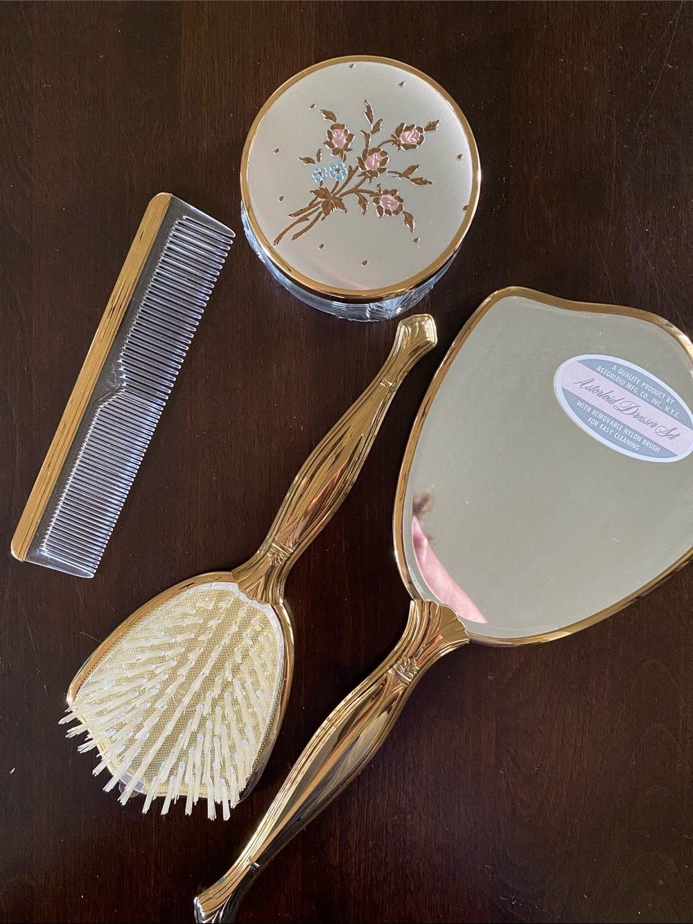 Vintage Astorloid Dresser / Vanity Set with Pink and Blue Flowers